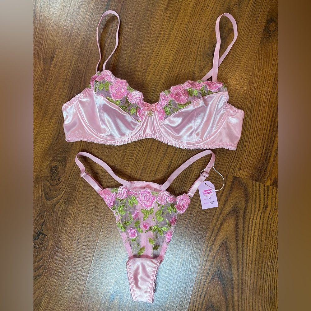 🎀🌷 Ethereal Pink Satin & Sheer Floral Embroidery Lace 2 Pc Lingerie Set 🌷🎀 NWT - Picture 2 of 13
